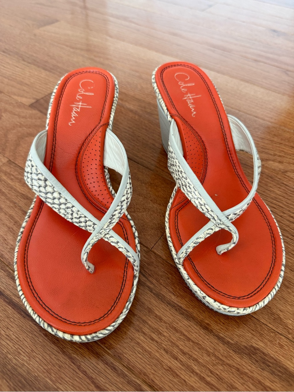 Cole Haan Orange Footbed Sandals with White Snake-Print Straps